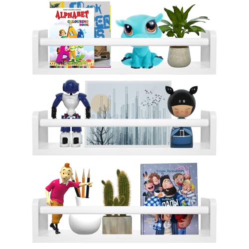 Image of ZCO 16 Inch Floating Book Shelves, White Wall Mounted Shelves for Wall, Book Shelf Organizer for Books Toys, Set of 3 Nursery Bookself for Room Décor, Living Room, Kitchen Spice Rack