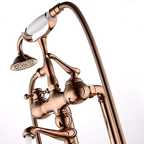 Robinet de baignoire autoportant en laiton or rose avec douchette et double commande