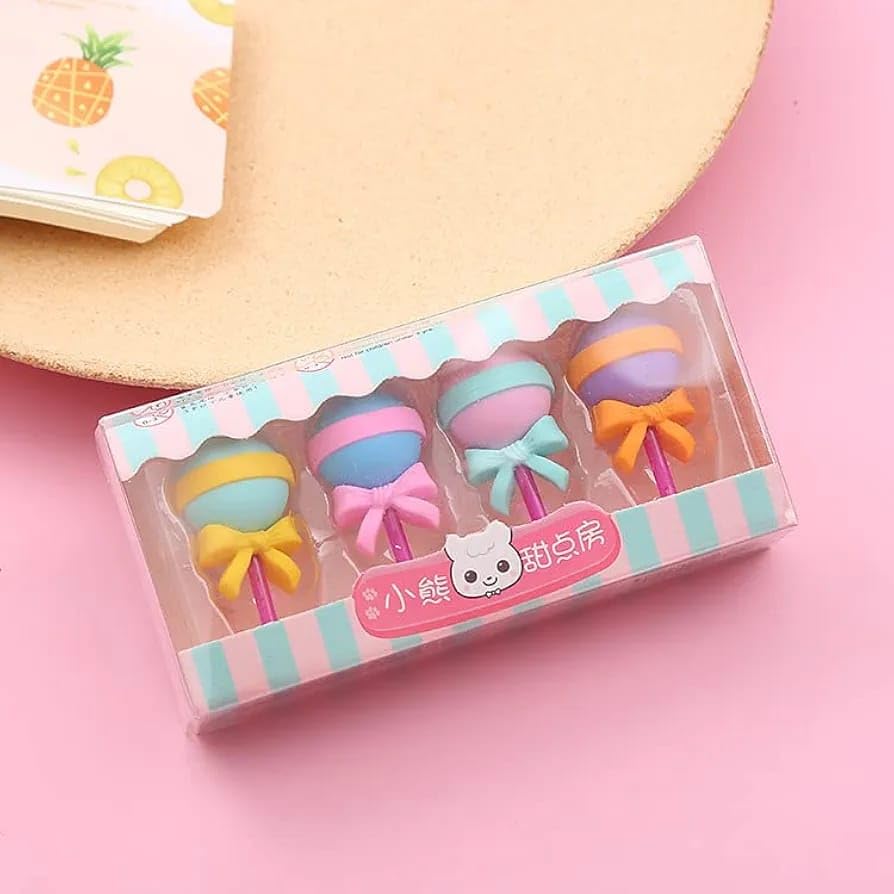 Image of Ice Cream Shaped Eraser Set for Kids, Stationary Set, Rubber for Kids, Kawaii Erasers, Fancy for Birthday Return Gift - Pack of 4 (QH-8418)