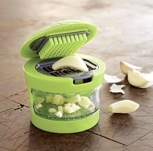 Image of Garlic Chopper, 2PCS Garlic Presses, Stainless Steel Blades Cutter, Crusher, Mincer, and Storage Container - Includes 1PCS mini Brushes - Suitable for Both Home and Camping - (Green)