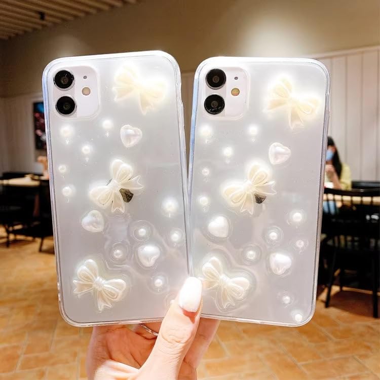 Image of COVERLY for iPhone 12 Pro 3D Luxury Bow Knot Resin Phone Case,Trendy Translucent Cute Hard Epoxy Art Crystal Clear -Non Yellowing Love Heart Embossed Pearl Princess Cover for Apple iPhone 12 Pro