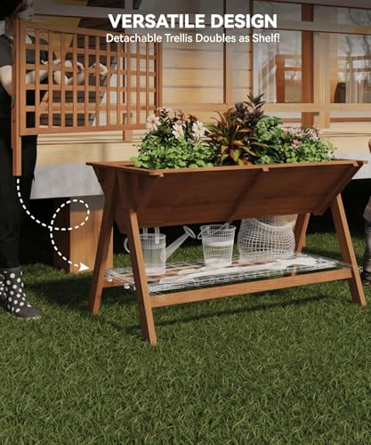 52x30x54In Elevated Garden Bed with Legs, Tall Wooden Planter Box with Climbing Trellis, Outdoor Standing Raised Bed for Vegetables, Flowers, and Herbs-Brown