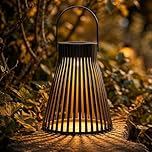 Solar Powered Black Slatted Garden Lantern – 14cm Outdoor Lighting, Warm White Static LED, Hanging or Tabletop Patio & Decking Decoration, IP44 Waterproof - Festive Lights