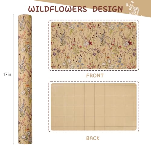Tyzarglef Wild Flower Wrapping Paper Roll, 17 Inches x 32.8 Feet Kraft Floral Design Wrapping Paper for Women Girls Gifts, Birthdays, Weddings, Bridal Shower and Engagement