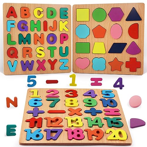Toddler Puzzles, Toddler Puzzles Ages 1-3, ABC Learning for Toddlers, 3 Pcs (Alphabet, Number, Shape) Kids Preschool Educational Puzzle Set