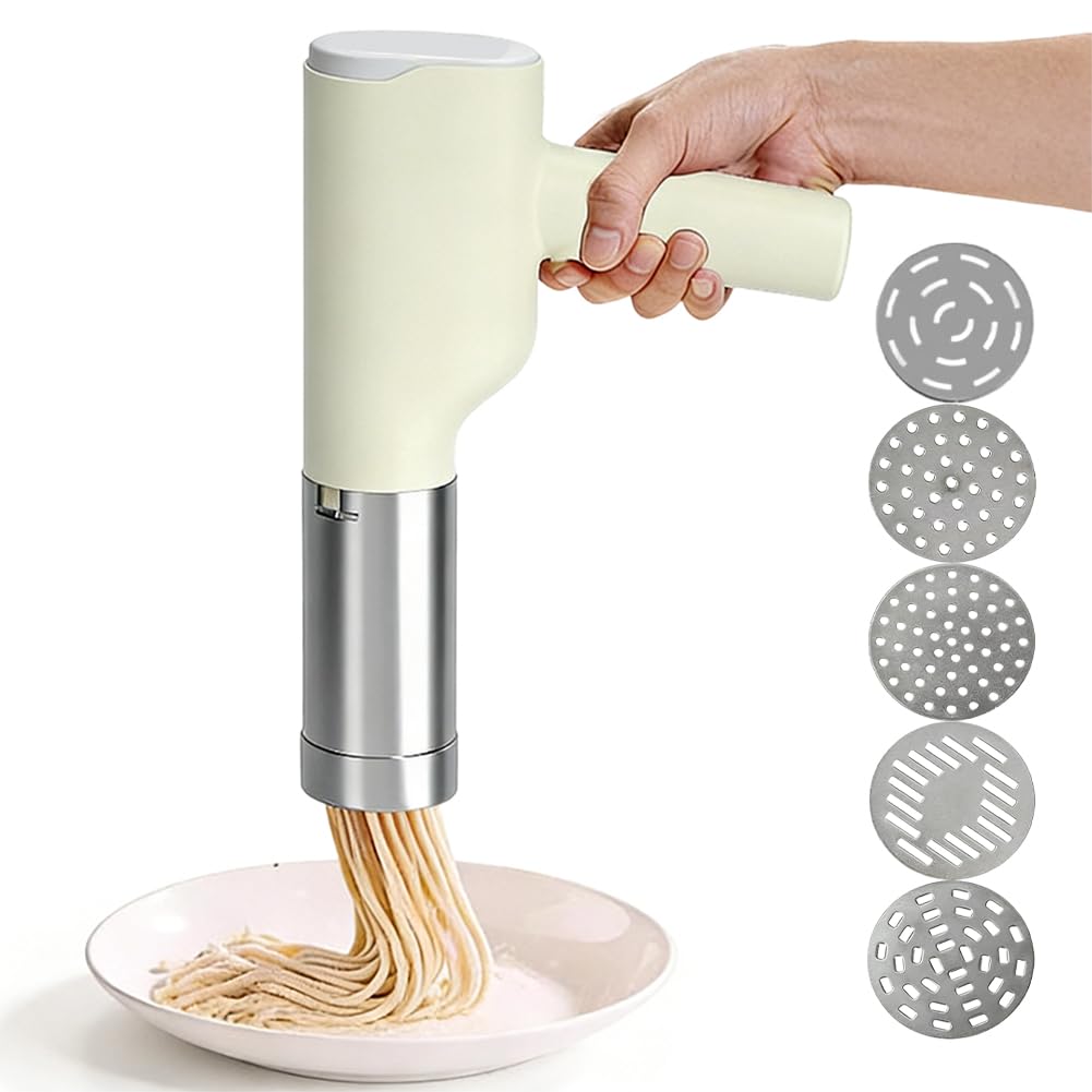 Macchina per pasta elettrica portatile elettrica portatile con 5 stampi in acciaio inox e misurino 20 s per pasta veloce portatile per la famiglia, la cucina e il picnic