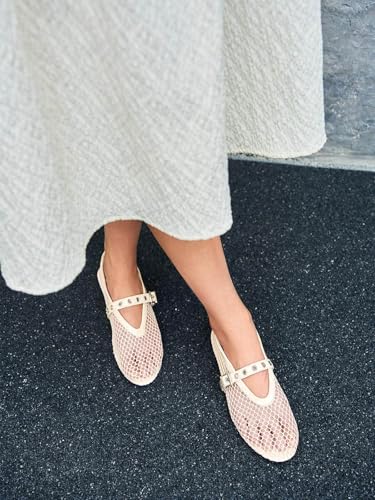 Image of Coutgo Womens Mesh Ballet Flats Mary Jane Fishnet Ballerina Buckle Strap Comfortable Causal Dress Shoes