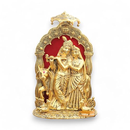 Image of KridayKraft Metal Radha Krishna Idol with Cow Decorative Showpiece Statue for Puja Room Home Office Desk Gift Items Ornate Metal Sculpture of Hindu Deities (Height 33 CM)