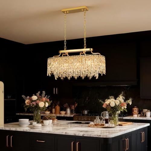 Image of 32 inch 10 Light Modern Oval Gold Crystal Chandeliers for Dining Room