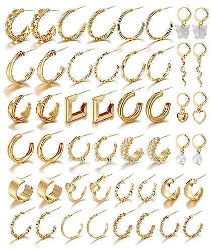 IFKM 24 Pairs Gold Hoop Earrings Set For Women 14K Gold Plated Hypoallergenic Chunky Chain Twisted Open Hoops Dangle Earring Packs For Birthday Party Christmas Fashion Jewelry Gift