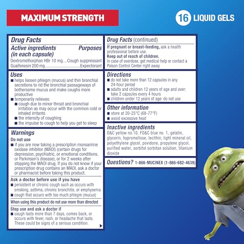 Mucinex Fast-Max Severe Congestion & Cough, Maximum Strength Dextromethorphan HBr Cough Medicine for Adults, Guaifenesin Expectorant for Excess Mucus Relief, 16 Liquid Gels