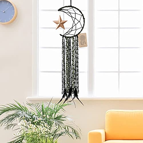 Dremisland Moon Dream Catcher Handmade Half Circle Moon Design Dream Catcher Feather Hanging with Star Home Decoration Ornament Festival Gift (Green) - Thumbnail 6