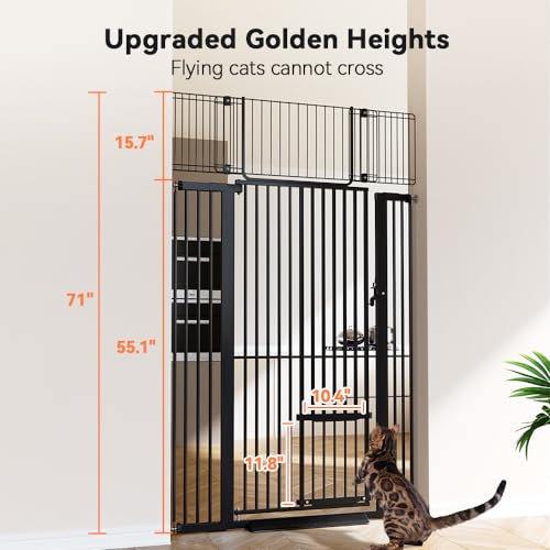 COMOMY 71" Extra Tall Pet Gate for Cats, 29.5-40.6" Extra Wide Cat Gate with Adjustable Cat Door, Pressure Mounted Easy Walk Through Pet Gate with Door for Stairs, Doorways, Kitchen(Black)