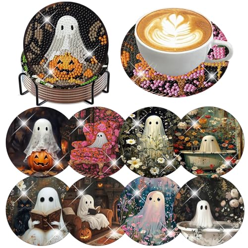 ijbnhd 8 Pack Halloween Diamond Art Coasters Kits Halloween Diamond Painting Coasters Kit with Holder DIY Ghost Diamonds Art Non Slip Coaster Crafts Kits for Adults Gifts 4x4 inch (Cork Wooden Pad)