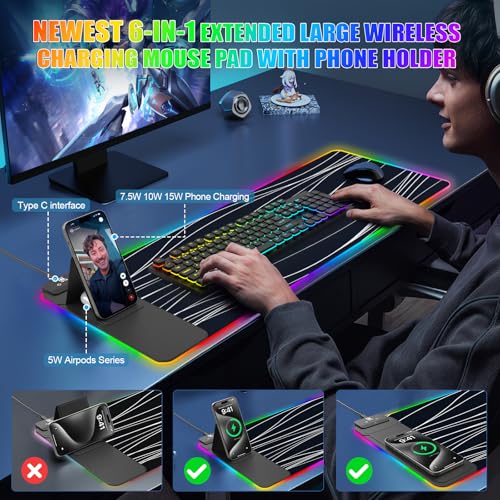 Image of Mouse Pad with Foldable Phone Holder & Wireless Charger, XL RGB Gaming Mousepad 31.5 inchx11.8 inch Large Desk Mat for Keyboard, Home Desk Pad with Dual Qi Charging Station | 11 Colors & 5 Modes | Waterproof