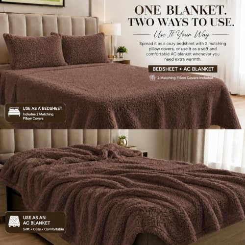 Image of Rangrika.in Blake Collection Ultra Soft Plush Dual Purpose Blanket & Bedsheet | Warm Cozy Bed Blanket with 2 Matching Pillow Covers | All Season Bedding Set