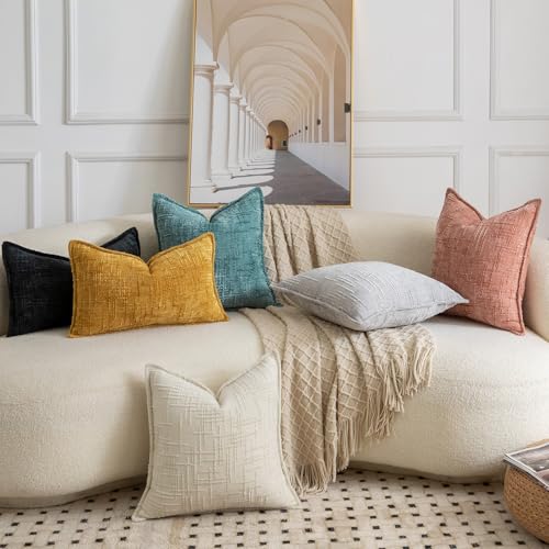 Image of MADIZZ Pack of 2 Chenille Throw Pillow Covers 18x18 Inch Yellow Soft Neutral Decorative Throw Pillows for Couch Sofa Boho Accent Cushion Covers Modern Farmhouse Home Decor for Bedroom Living Room