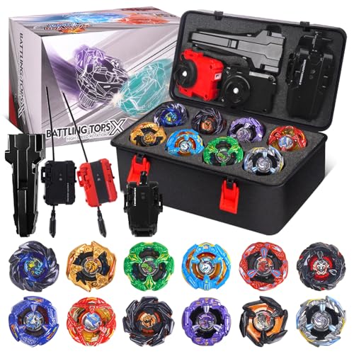 BGOVTAPO Set X Toupies de Combat, 12 Jouets tournants avec 3 lanceurs, 1 poignée et boîte de Rangement Portable | Cadeau Jeu d'arène gyroscopique pour...
