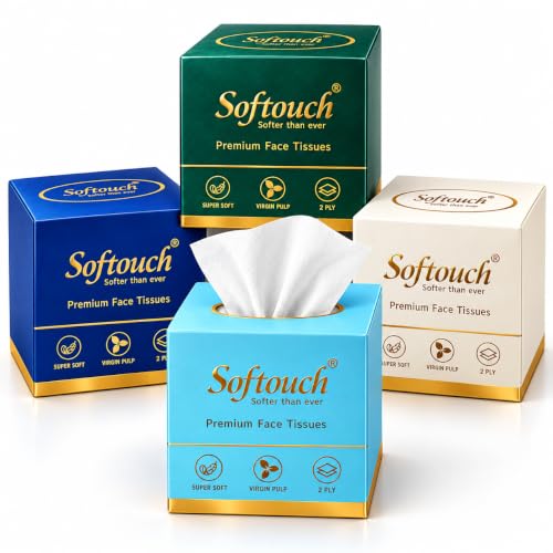 Image of Softouch 2 Ply Facial Tissue Box 100 Pulls Each Pack of 4 Pop-up /Cube Tissue Box Ultra Soft, Highly Absorbent & Skin Friendly Face Tissues Daily Use Tissue Papers 400 Pulls