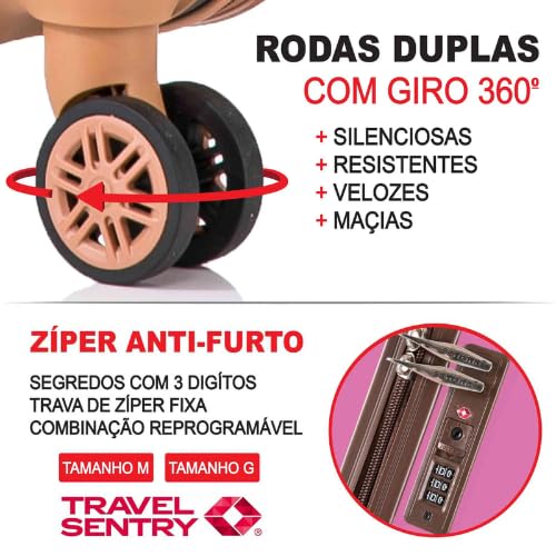 Mala de Viagem Médiaa de Despacho 23 kg Rígida ABS com 4 rodas duplas 360º e trava de segredo numéri