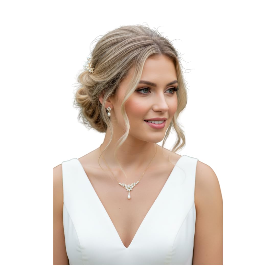 ONDEGO® Brautschmuck Set Damen Gold – Halskette & Ohrringe mit Perlen und Zirkonia – Elegantes Schmuckset für Hochzeit Abiball Kommunion & festliche Anlässe
