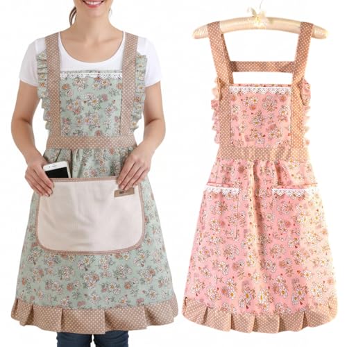 Ziyonix 2 Piezas Delantal Cocina Mujer, Delantal de Cocina Antiincrustante con 2 Bolsillo Floral Delantales Ajustables para Cocinar Hornear Jardinería BBQ (verde, rosa)