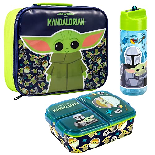 Zawadi Global Star Wars Mandalorian - Juego de lonchera para niños, bolsa de almuerzo aislada, lonchera multicompartimento y botella de agua de 540 ml, juego de comida para viajes escolares, sin BPA