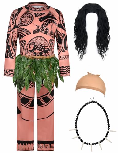 QUJQOM Adult Costume Set for Maui Costume Men Printed Tattoos Hawaii Costumes with Wig Necklace Dress Up QM057L