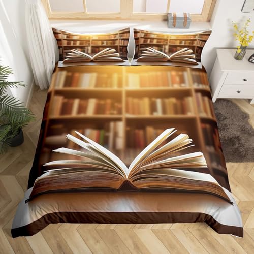 Erosebridal Book Bedding Set Queen Size Stack of Books Duvet Cover for Boys Teens Kids Child,Library Comforter Cover Blur Bookshelf Background Bedclothes Soft Cozy Bedroom Decor