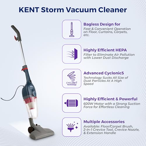 KENT Storm Vacuum Cleaner 600W Cyclone5 Technology HEPA Filter