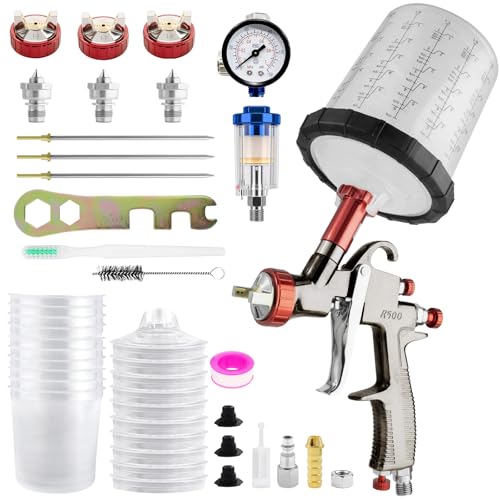 R500 LVLP Lackierpistole Spritzpistole Premium-Kit, Lackierpistole Druckluft mit 1,3/1,7/2.0 mm Düsen, 20 Unzen (650 ml) Set mit 10 Einweg-Farbspritzpistolenbecher, Farbpistole für Autos & Haus