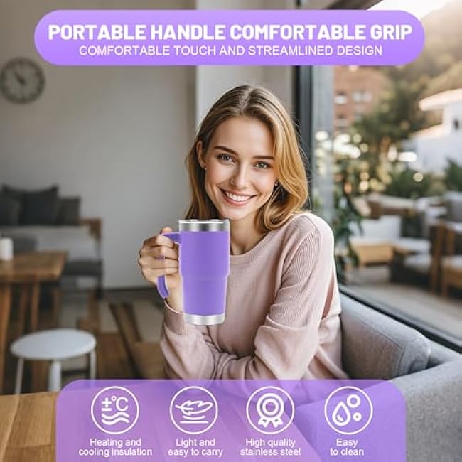 16 oz Stainless Steel Vacuum Travel Mug with Handle and Straw, Insulated Reusable Coffee Cup that Keeps Drinks Warm For Hours (purple cup)