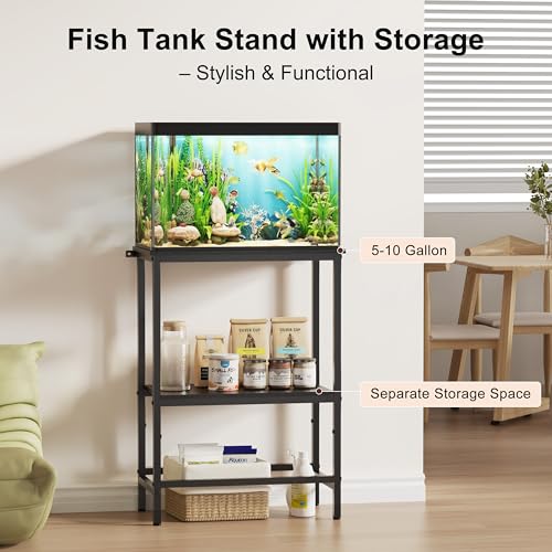 Image of 5-10 Gallon Fish Tank Stand, Aquarium Stand with 2-Tier Storage Shelves, Heavy-Duty Reptile Terrarium Stand Table with One-Piece Top for 10 Gallon Standard Model, 21.2 inch L x 11.8 inch W x 29.3 inch H (Black)