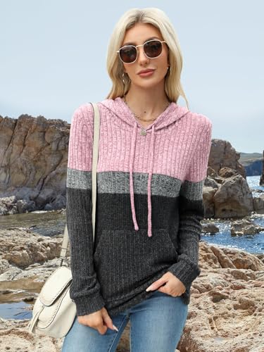 MixShe Women’s Color Block Knit Hoodie – Casual Long Sleeve Pullover Sweater Tops with Pocket