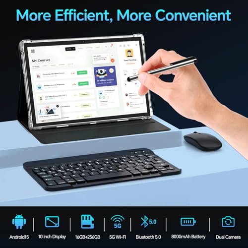 Image of Android 15 Tablet 10 Inch with Keyboard,16GB+256GB Tablets, 8000mAh Battery, Octa-core CPU, Widevine L1,2.4GHz / WiFi 5 & Bluetooth 5.0, 5 /13MP Cameras Bundle with Case, Mouse & Stylus M7 (Blue)
