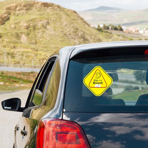 Image of BabyMoo Triangular Baby On Board with Vacuum Suction Cup Clip Yellow - Weatherproof Car Decal - Adorable Design for Maximum Attention - Enhance Road Visibility - Easy to Apply and Residue