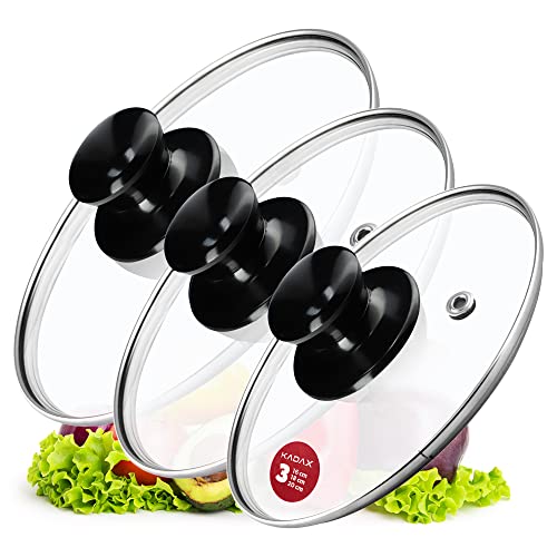 KADAX Lot de couvercles de casserole universels en verre poignée, résistants à la chaleur, différentes tailles, couvercle en verre casserole, poêle (16 + 18 + 20 cm, poignée noire brillante) K8380