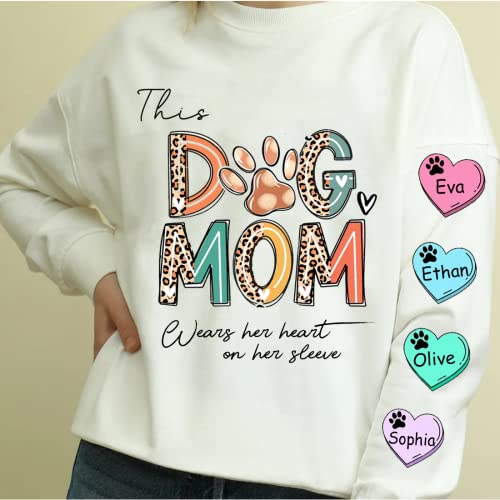 Personalized Dogmom Sweatshirt, This Dogmom Wears Her Heart On Her Sleeve, Custom Mom Sweatshirt, Dogs Sweatshirt, Mom Sweatshirt, Valentines Gifts, Mother's Day Shirt, Christmas Shirt For Women #TOP1