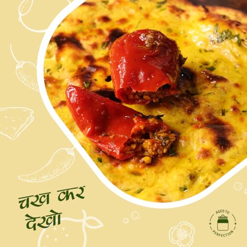 Image of Add me Red Stuffed Chilli Pickle 500gm | bharwa lal mirch achar in mustard oil| homemade lal mirchi ka achar with banarasi masala in glass jar