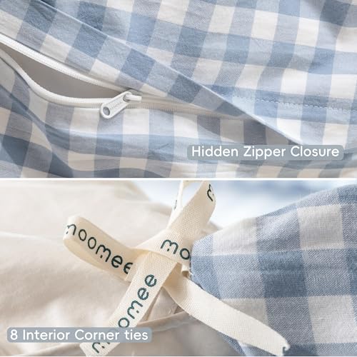 Image of MooMee Gingham Duvet Cover Set 100% Washed Cotton Linen Like Oversized Full | Relaxed Linen-like Texture. Soft, Breathable & Long-lasting Comfort. Lightweight. Hidden Zipper with 8 Interior Corner Ties