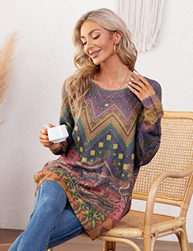 Image of YESNO Women Christmas Sweater Graphic Printed Oversized Pullover Sweaters Casual Loose Knit Tops S01