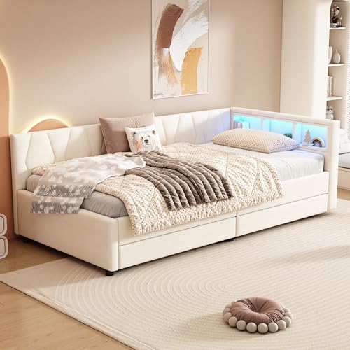 Cama de día 90 x 200 cm. Cama de día sofá cama. Compartimento de almacenamiento en la cama. USB+Tipo C. Mando a distancia para luz LED ambiental. Cama con dos cajones. Cama con somier (sin colchón