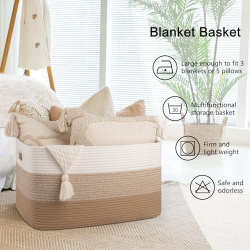 Image of OIAHOMY Large Blanket Basket For Living Room, Rectangle Woven Baskets for Storage, Nursery Toy Storage With Handle-22 inchx17 inchx12 inch-Gradient Light Yellow