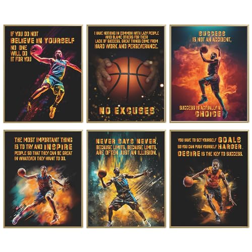 Motivational Quote Basketball Poster, Basketball Decor For Boys Men Room Bedroom, Inspirational Sports Poster, Gift For Basketball Fans, Men, And Teens Basketball Wall Art Print Set Of 6, 8x10 In