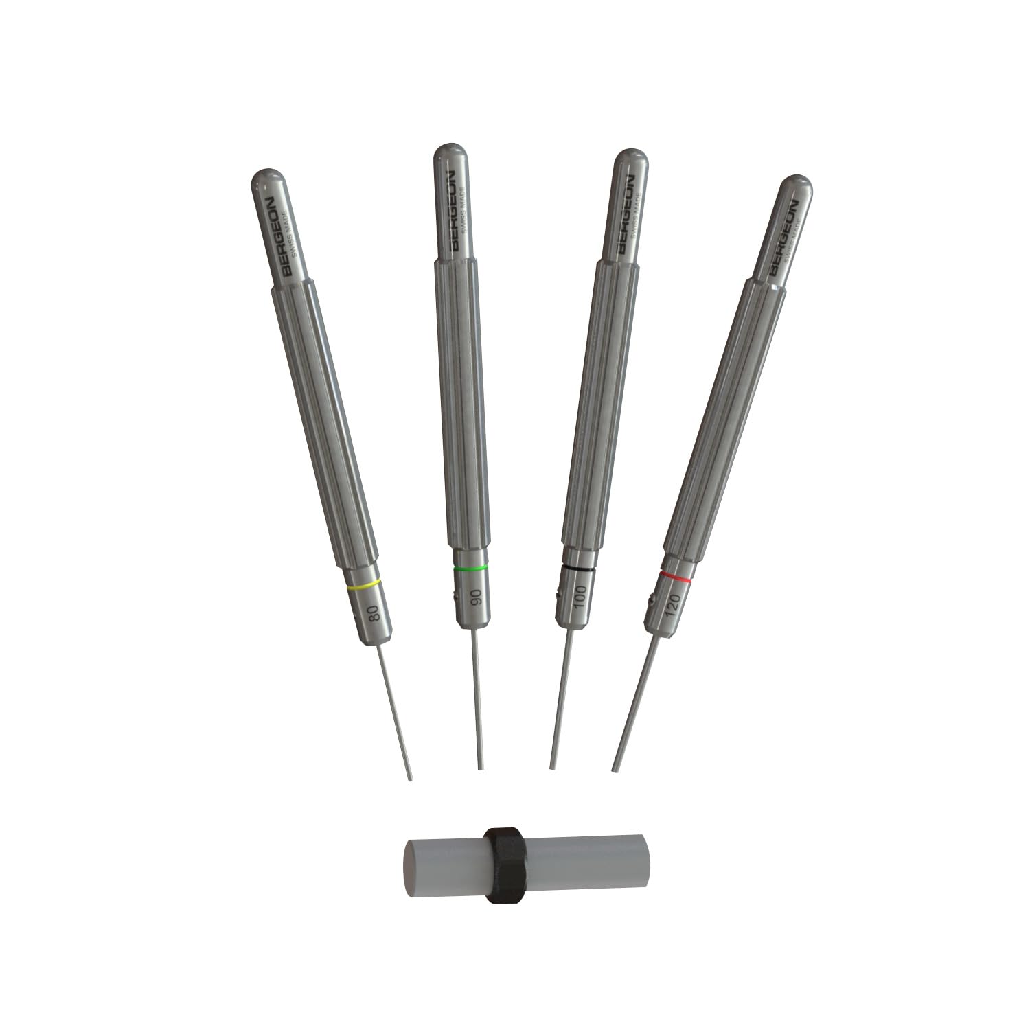 BERGEON Bandstift-Ausschläger 16988-P04, 4er Set, Edelstahlgriff mit Spezialprofil, Durchmesser 0,80, 0,90, 1,00 und 1,20 mm, EIN Rohr mit 4 Ersatzstiften