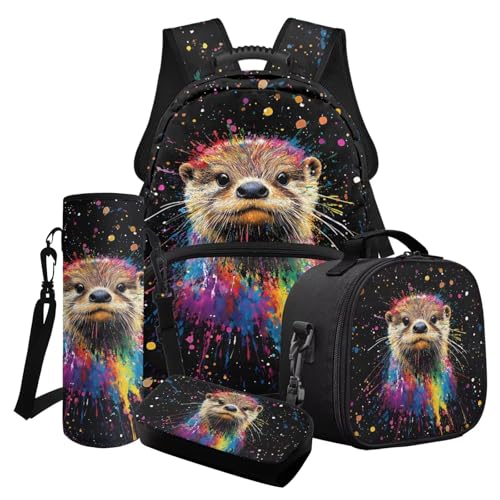 Suobstales Otter Paint Splatter Print 4 Pcs Backpack Student Schoolbag Set with Lunch Bag/Pencil Bag/Water Bottle Carrier Bag, Elementary School Backpack for Teens Girls