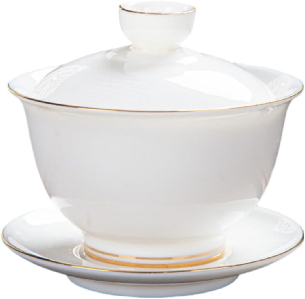 羊旨玉三才盖碗功夫大号茶楼纯白青 Ceramic Kung Fu Tea Set,teapot,Teacups,warming Wedding Birthday Gift,Tea Tray Chinese,Dishwasher Safe 羊旨玉盖碗-纯白