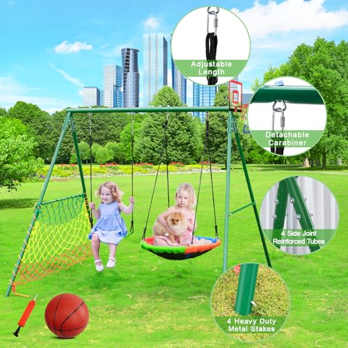 CYFIE Swing Set, Outdoor Playset for Kids with Saucer Swing, Belt Swing, Heavy Duty Metal Frame Swing Stand, Basketball Hoop and Soccer Goal, Swing Sets for Backyard, Playground, Park