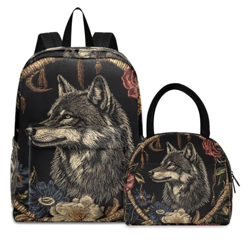 Backpack Lunch Bag Set Wolf Flowers Print, Big Storage Travel Backpacks with Insulated Lunch Box for Office Hiking Picnic