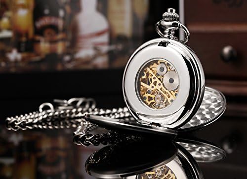 ManChDa Men's Pocket Watch with Chain Analogue Hand Winding Double Covers Antique Roman Numerals Mechanical Skeleton Steampunk Gift Box